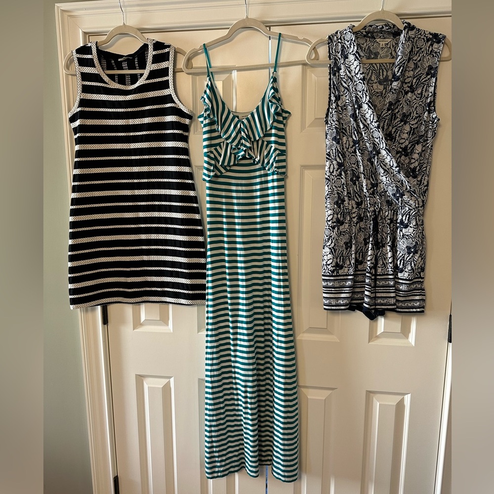 Green and White Stripe Maxi Dress + Romper + Black and White Stripe Short Dress